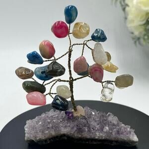 Handmade Multi-Color Gemstone Wire Tree on‎ Amethyst Crystal Base 4.25” Decor